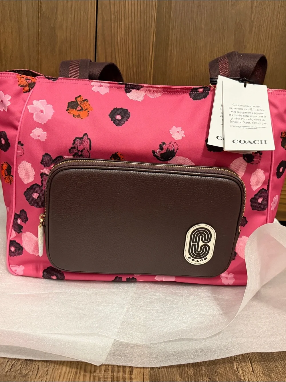 Coach Tote Halftone Floral print with Brown Front Pocket C5670